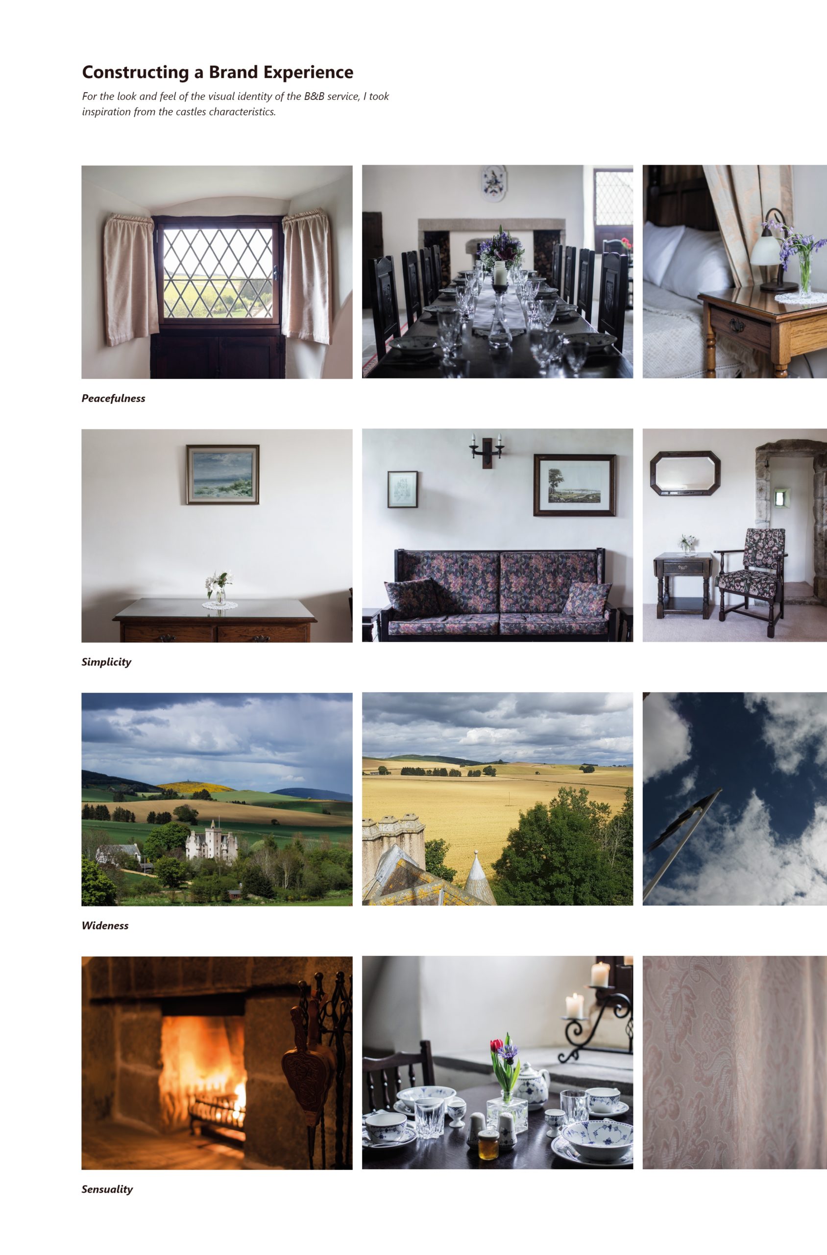 For the look and feel of the visual identity of the B&B service, I took inspiration from the castles characteristics. Peacefulness Simplicity Wideness Sensuality