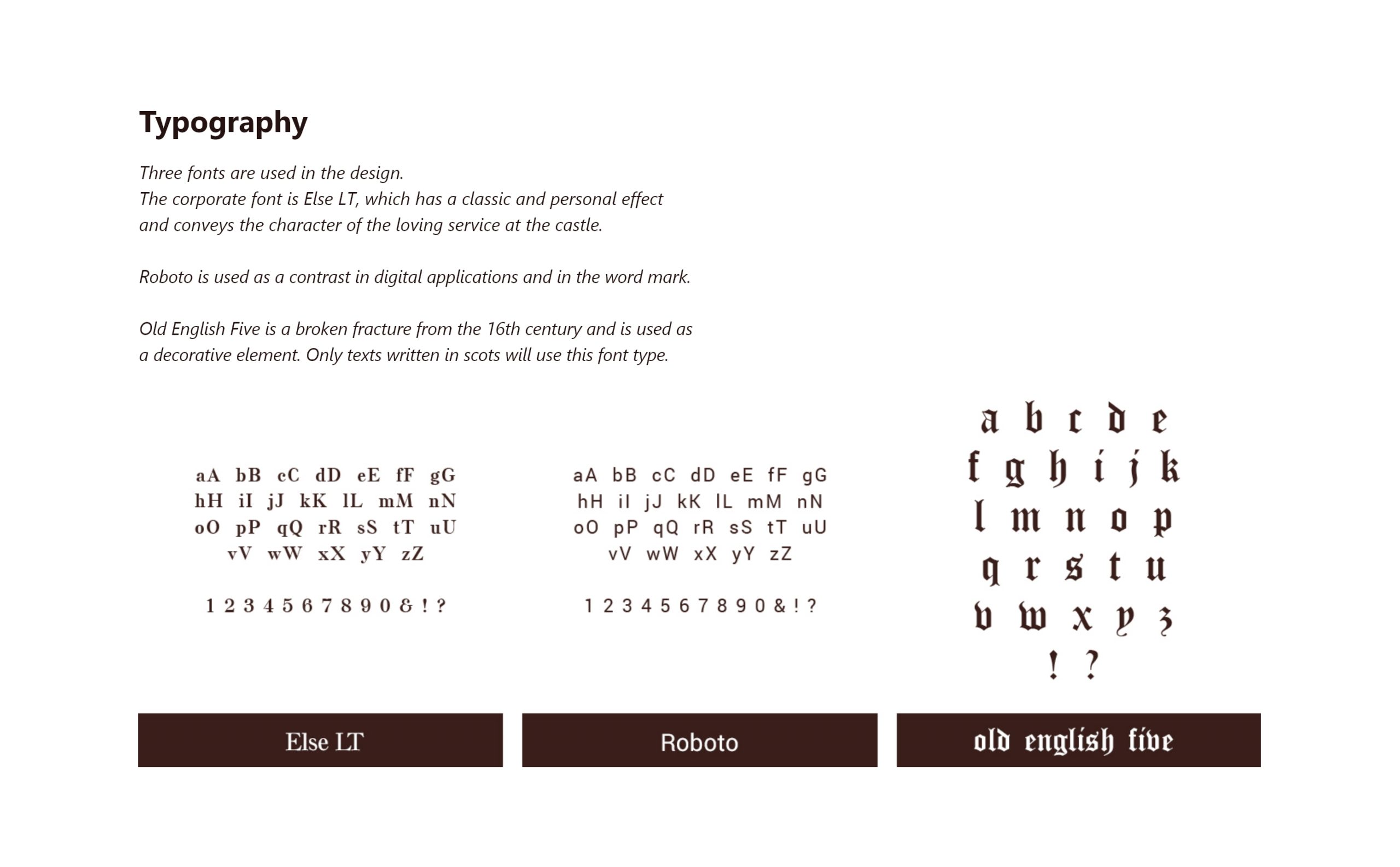 Three fonts are used in the design. The corporate font is Else LT, which has a classic and personal effect and conveys the character of the loving service at the castle. Roboto is used as a contrast in digital applications and in the word mark. Old English Five is a broken fracture from the 16th century and is used as a decorative element. Only texts written in scots will use this font type.