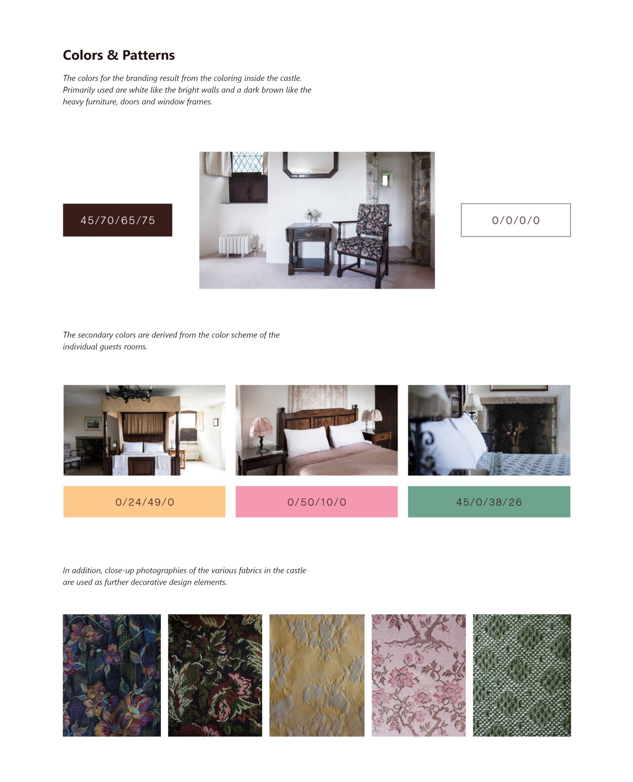 The colors for the branding result from the coloring inside the castle. Primarily used are white like the bright walls and a dark brown like the heavy furniture, doors and window frames. The secondary colors are derived from the color scheme of the individual guests rooms. In addition, close-up photographies of the various fabrics in the castle are used as further decorative design elements.
