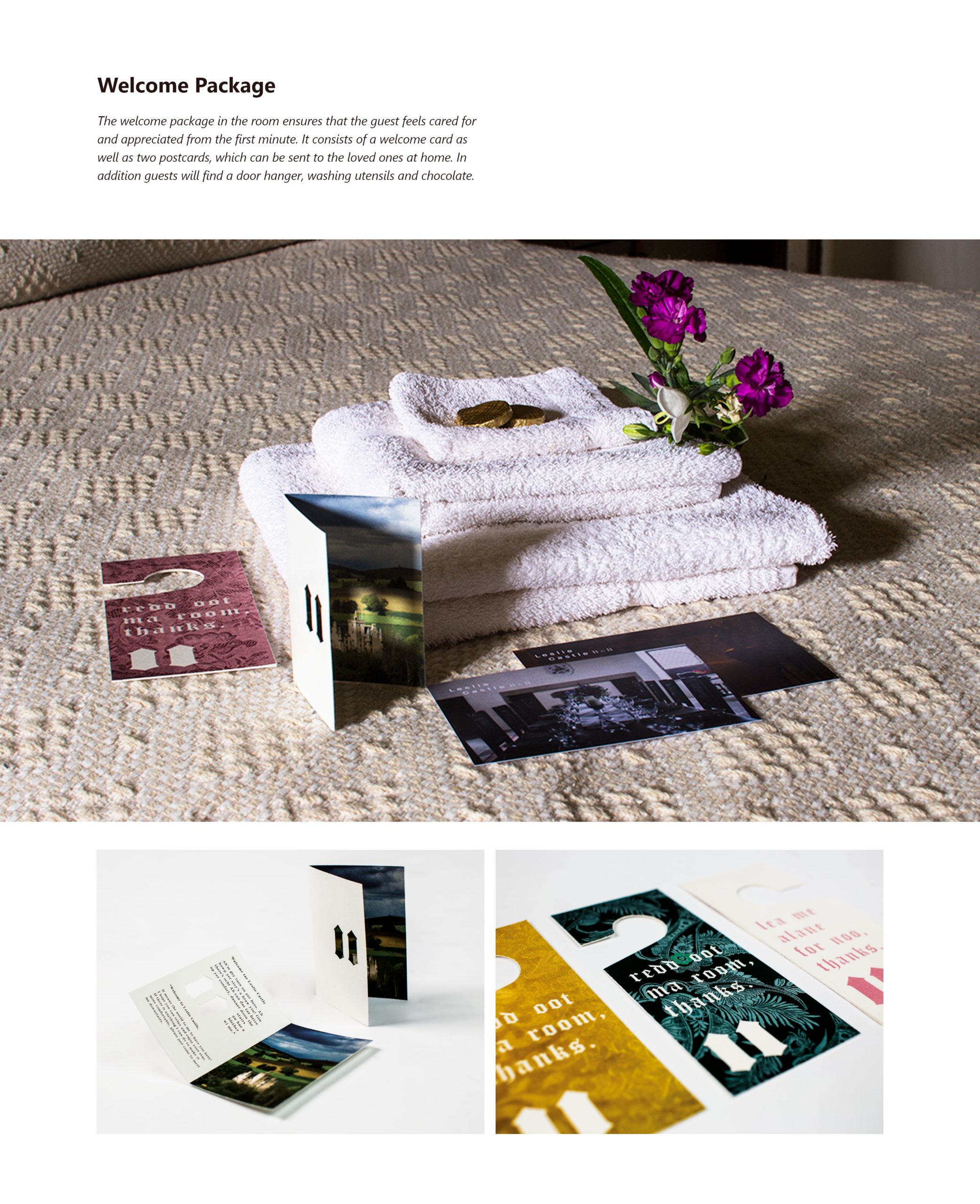 The welcome package in the room ensures that the guest feels cared for and appreciated from the first minute. It consists of a welcome card as well as two postcards, which can be sent to the loved ones at home. In addition guests will find a door hanger, washing utensils and chocolate.