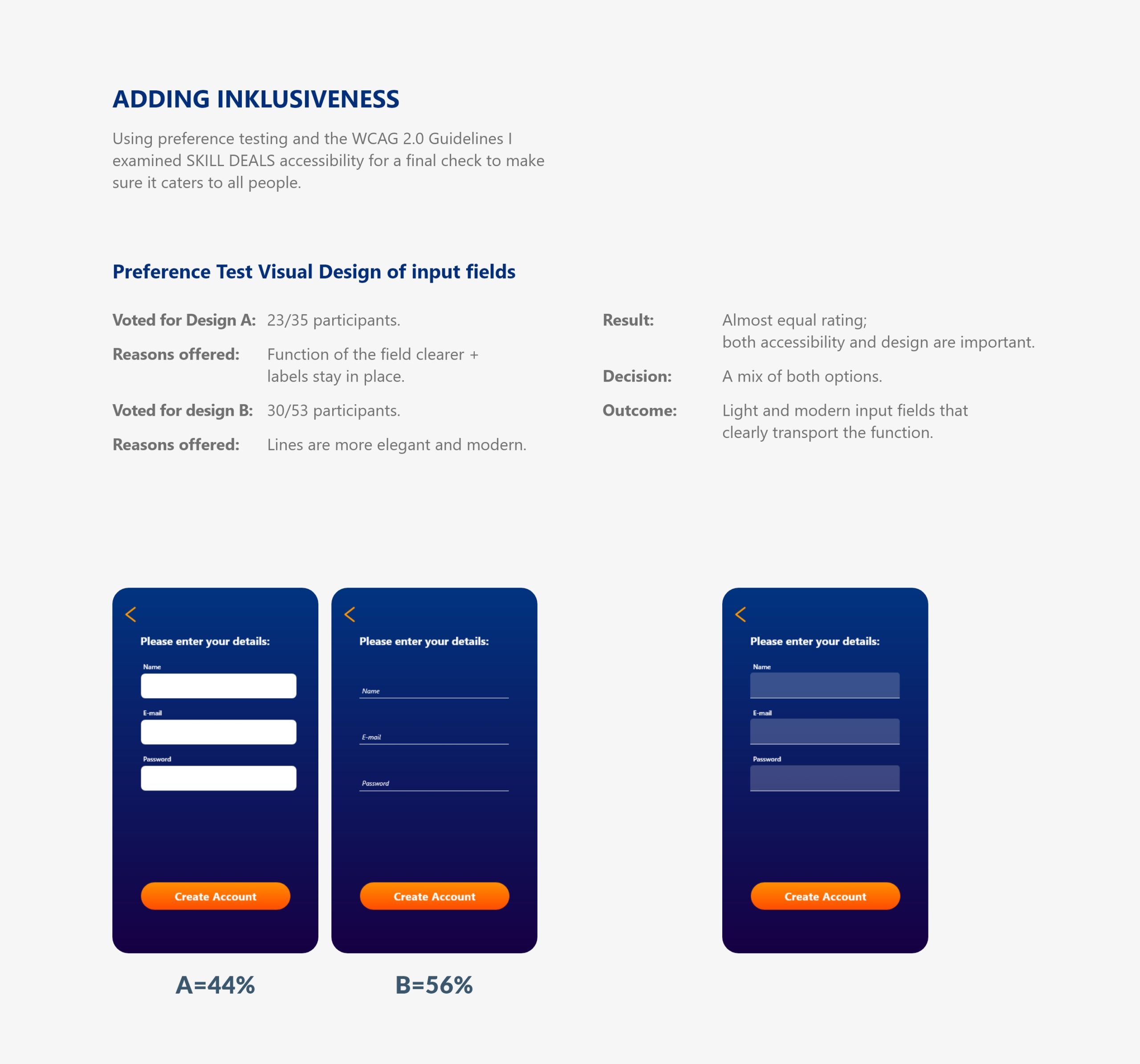 Using preference testing and the WCAG 2.0 Guidelines I examined Skill Deals accessibility for a final check to make sure it caters to all people. Preference Test Visual Design of input fields